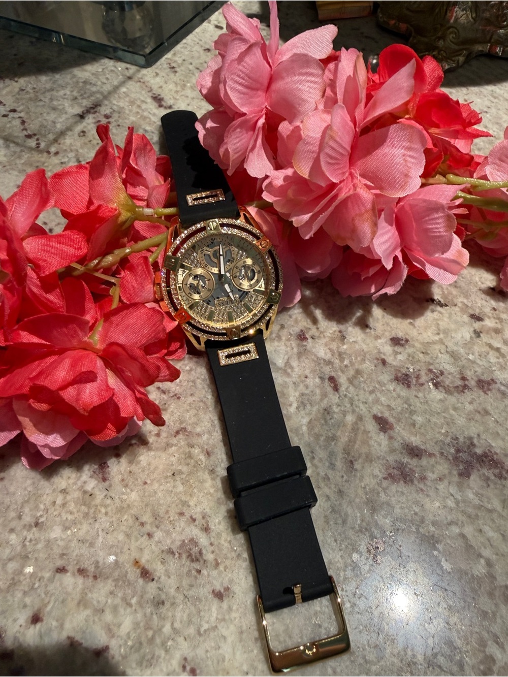 Guess Gold-Tone Chronograph Watch with Black Silicone Strap